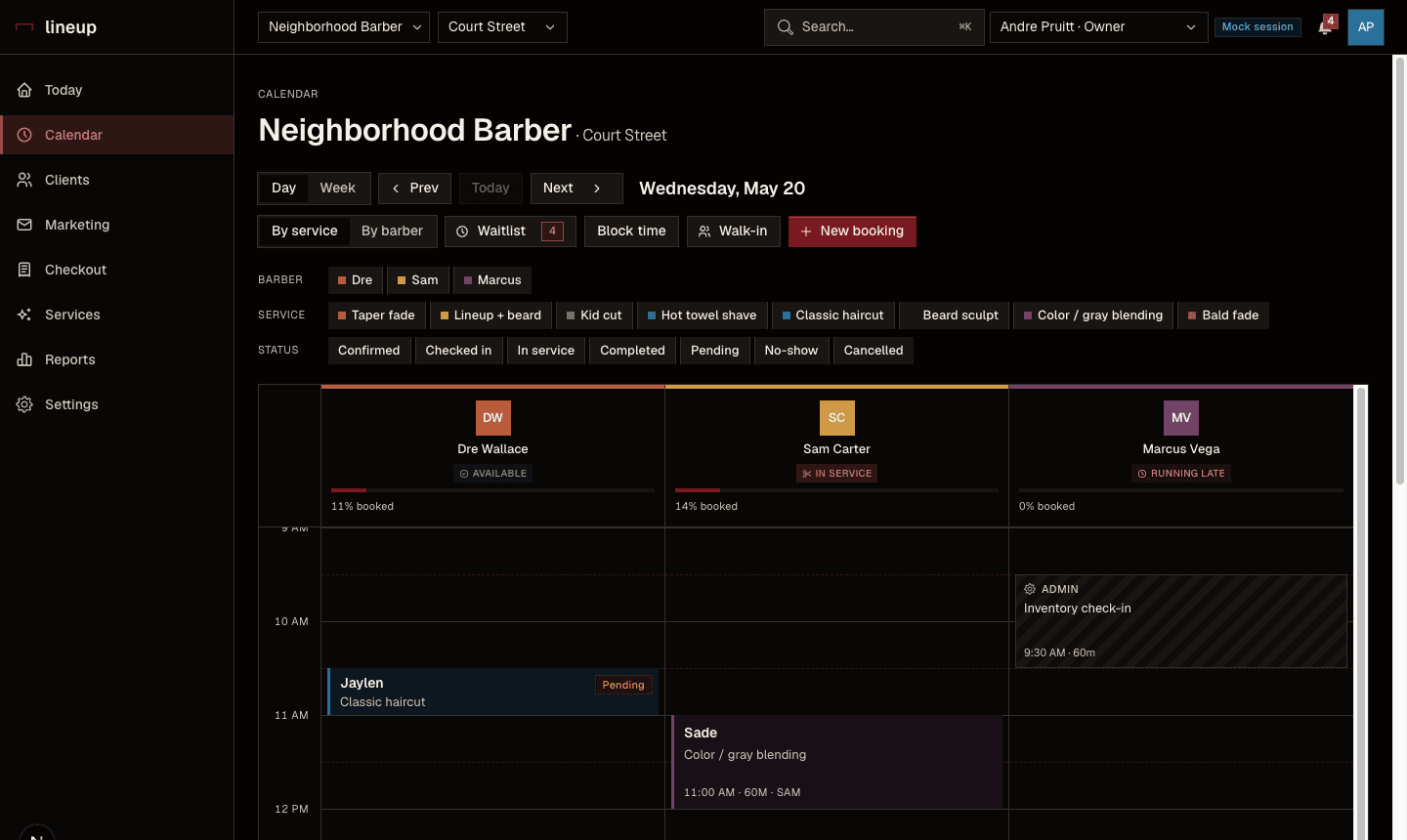 The Lineup calendar — the staff-column day view with bookings, walk-ins and the waitlist.