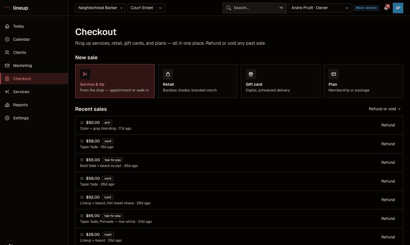 Lineup checkout — ring up services, retail, gift cards and plans, with recent sales and refunds.