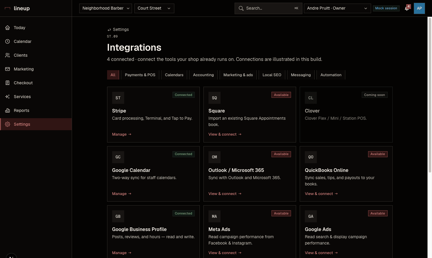 Lineup integrations — POS, payments, calendars, accounting and ad platforms with connection status.