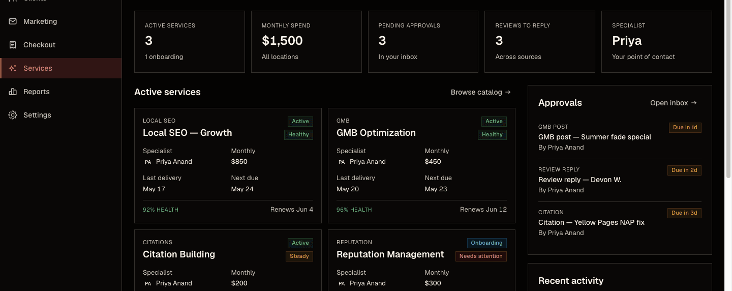 Done-for-you services in-app — active services, monthly spend, the approval queue and your specialist.