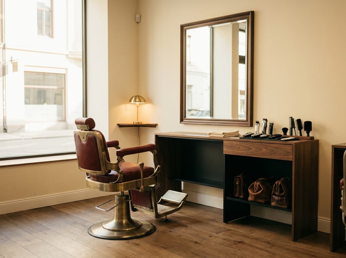 A quiet, well-kept neighborhood barbershop — a single classic chair, mirror and station in warm morning light.