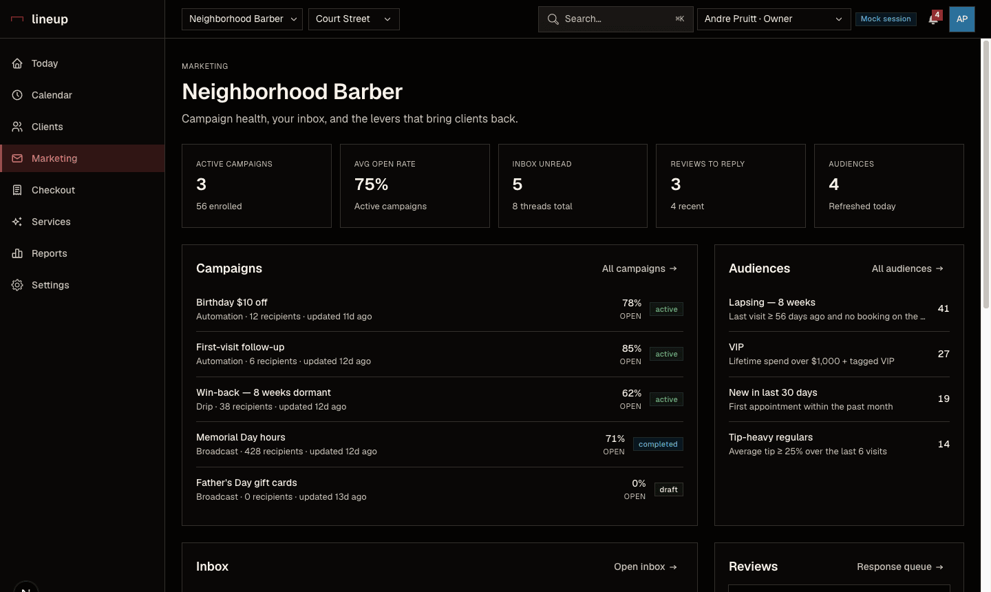 Lineup marketing — campaign health, audiences, the client inbox and review queue.